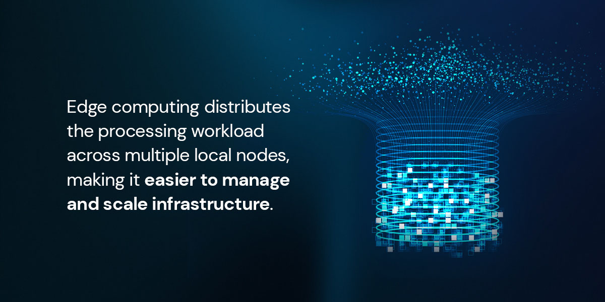 Edge computing distributes the processing workload across multiple local nodes, making it easier to manage and scale infrastructure.