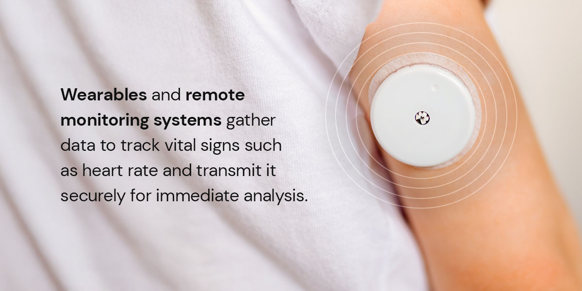 Wearables and remote monitoring systems gather data to track vital signs such as heart rate and transmit it securely for immediate analysis.